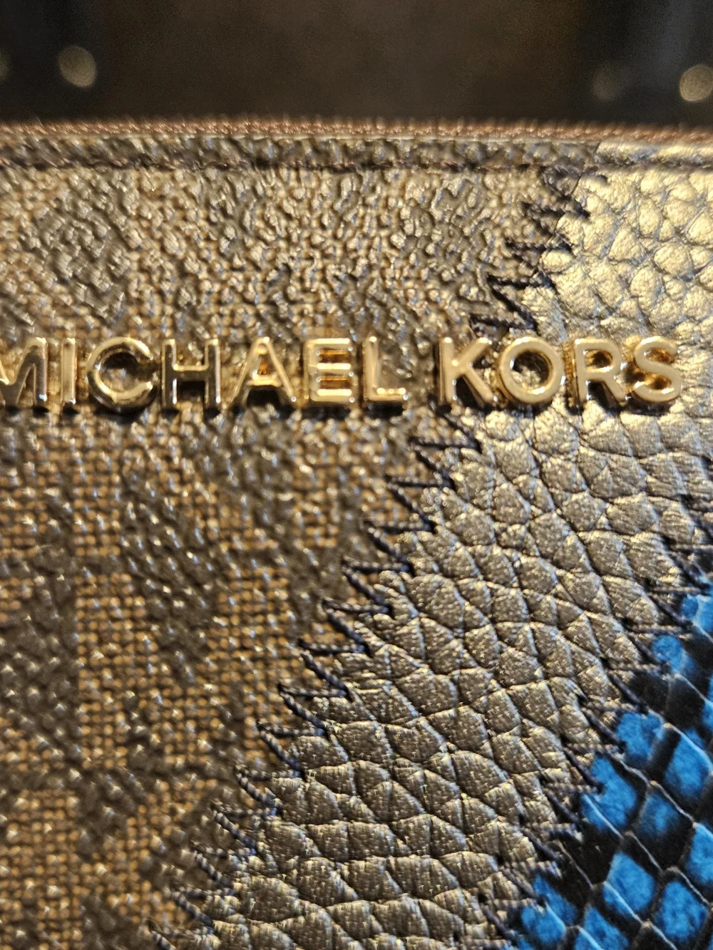 Michael Kors Blue and Brown Signature Tote with Snake-Print Accent And Wallet
